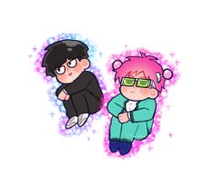 two cartoon characters one with pink hair and the other wearing glasses, sitting next to each other