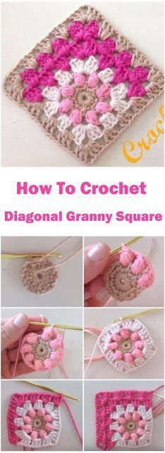 how to crochet the diagonal granny square in pink and white with text overlay that says, how to crochet dragon granny square