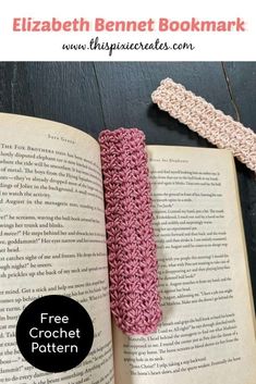 an open book with a crochet pattern on it and the title text reads, free crochet pattern elizabeth bennet bookmark