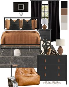 a bedroom is shown with brown and black decor, including a bed, dresser, chair, ottoman, lamp, basketball hoop, and throw pillow