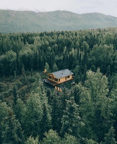 an aerial view of a cabin in the middle of a forest with mountains in the background