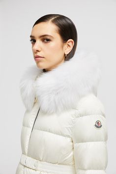 White Boed Short Down Jacket - Short Down Jackets for Women | Moncler US White Sheepskin Outerwear For Winter, White Sheepskin Winter Outerwear, Luxury Parka With Faux Fur Trim, White Sheepskin Outerwear With Faux Fur Trim, Luxury Fur Coat For Cold Weather, Luxury Winter White Outerwear For Winter, Luxury Hooded Parka With Faux Fur Trim, Luxury Fur Coat With Padded Collar For Winter, Luxury Winter Fur Coat With Padded Collar