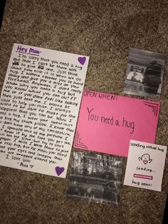 two pieces of paper with words written on them and pictures pinned to the wall next to each other