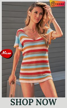 Multi-color Striped Ruffle Short Sleeve Knit Top Short Sleeve Knit Top, Ruffle Shorts, Color Stripes, Knit Top, Multi Color, On Sale, Knitting, Color