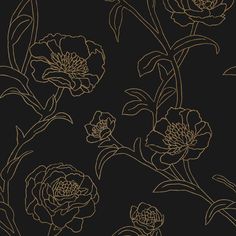 a black and gold floral wallpaper with flowers in the middle, on a dark background