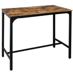 a wooden table with black metal legs and a wood top on an isolated white background