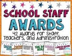 the school staff awards poster for teachers and annnistations on orange bulletin board