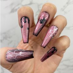 ***IMPORTANT: Please be aware of process time (read FAQ) as it's all 100% Handmade and make sure your nail size is correct as we are not responsible if the wrong size is ordered*** Spooktacular: Mysterious, Spider and Spider web details- all hand-drawn! **Pls note this is 100% handmade nail set and the swirly curve lines can be little bit different than shown image** Shown Images: C-curve Shape Each set contains 10 false Halloween cat-eye nails (see attached size chart image and put your sizes i Purple Cat Eye Halloween Nails, Cat Eye Pumpkin Nails, Halloween Nails Stickers, Spooky Cat Eye Nails, Halloween Cats Eye Nails, Black Halloween Almond Nails, Halloween Cat Eye Nail Art, Magnetic Halloween Nails, Halloween Nails Sparkly