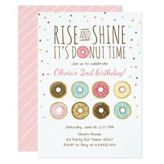 a birthday party card with donuts and sprinkles on the front, says rise and shine it's donut time