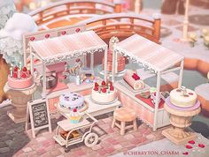 a painting of a small ice cream shop with lots of cakes and desserts on display