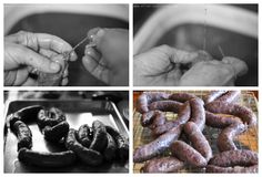 four different pictures show sausages being cooked