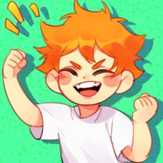 a young boy with red hair is smiling and raising his arms