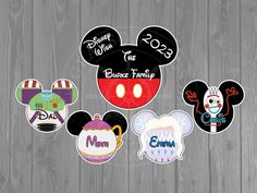 mickey mouse ears with the names of each disney character on them, all in different colors and sizes