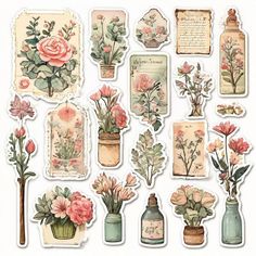 an assortment of stickers with flowers in vases and tags attached to the back of them