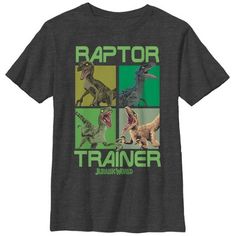 Owen Grady has an unspoken bond with his velociraptors on the Jurassic World Raptor Trainer Heather Charcoal T-Shirt. The infamous velociraptor pack with Blue, Charlie, Delta, and Echo are featured on this gray Jurassic World shirt with "Raptor Trainer" in green print. Jurassic World Shirt, Jurassic World Raptors, Owen Grady, Jurassic World Dinosaurs, Boys Graphic Tee, Graphic Tee Design, Boy Tees, Slim Fit Shorts, Green Print