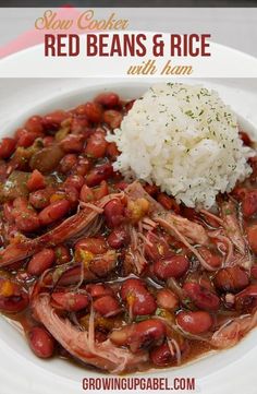 slow cooker red beans and rice with ham on a white plate, ready to be eaten