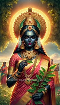 the hindu goddess with green leaves in her hand