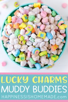 lucky charms muddy buddies in a blue bowl