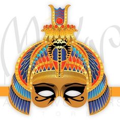 a mask with an egyptian design on it's face and gold trimmings