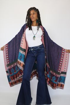 This gorgeous shawl is truly magnificent. It’s tribal elements are woven into the garment. Great way to add a cozy, yet stylish finish to any outfit. One Size Fits All Hippie Shawls, Boho Shawl, Hippie Style, One Size Fits All, Bell Bottom Jeans, Happy Shopping, Shawl