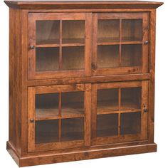 a wooden cabinet with glass doors on the front and bottom shelves, made out of wood