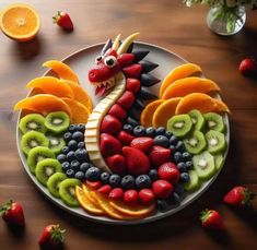 a plate filled with fruit and vegetables on top of a wooden table