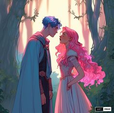 a man and woman standing next to each other in front of trees with pink hair