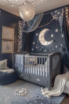 #homedecor, #interiordesign, #homedesign, #decor inspiration Under The Stars Nursery, Nursery Ideas Fairytale, Moon Nursery Girl, Celestial Nursery Theme, Cute Baby Nursery Ideas, Navy Girl Nursery, Baby Room Ideas Neutral, Starry Nursery