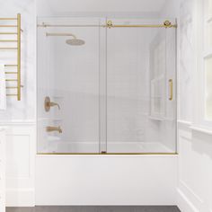 a bathroom with white walls and gold fixtures