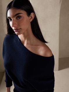 Reimagined in a sultry silhouette, the sweater dress of the season is a modern interpretation of a timeless style.  Crafted from a soft and sustainably-minded yarn, featuring a relaxed cut that's perfect for desk to dinner and dancing.  RELAXED FIT: Dress Navy Blue, Off Shoulder Sweater, Knit Stitch, Navy Blue Dresses, Shoulder Sweater, Boat Neck, Timeless Style, Capsule Wardrobe, New Product