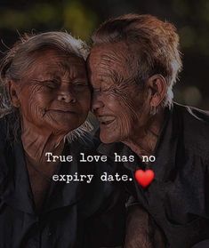 an older couple is hugging each other with the caption true love has no expiry date