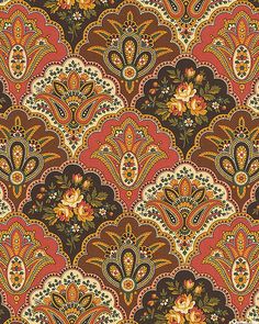 an ornate pattern with flowers and leaves in brown, yellow and orange colors greeting card