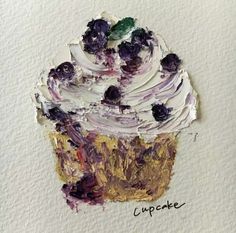 a cupcake with white frosting and blueberries on top is painted in acrylic