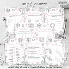 the printable snowflake wedding game is shown in pink and gray, with silver foil