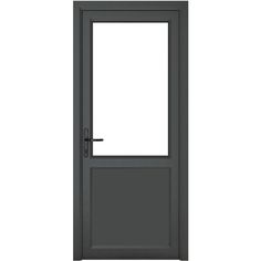 an open door on a white background with a black frame and glass paneled door