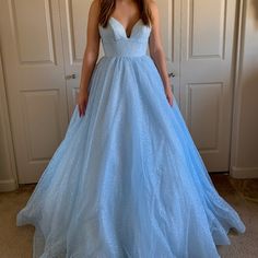 Glitter Organza Ball Gown With Deep Sweetheart Neckline And Corset Style Lace Up Back. Size 0 And Never Worn. Light Blue Ball Gown, Vow Renewal Dress, Organza Ball Gown, Modern Cinderella, Blue Ball Gown, Blue Ball Gowns, Blue Ball, Cinderella Dresses, Light Blue Dresses