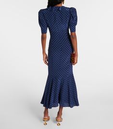 Polka-dot bow-detail silk midi dress in blue - Alessandra Rich | Mytheresa Blue Viscose Midi Dress For Evening, Elegant Ruffled Viscose Midi Dress, Chic Fitted Silk Crepe Midi Dress, Fitted Silk Mid-length Dress, Fitted Mid-length Silk Dress, Spring Silk Crepe Fitted Midi Dress, Formal Silk Midi Dress, Fitted Silk Crepe Summer Dress, Fitted Blue Rayon Midi Dress