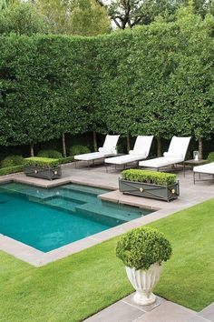 an outdoor swimming pool with lounge chairs and trees in the backround, surrounded by grass