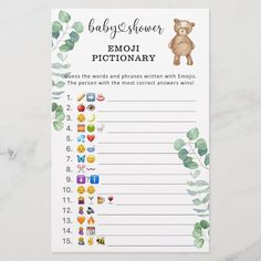 a baby shower game with teddy bear and leaves on the side, which includes an emojtionary