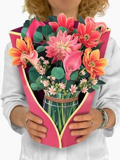 the woman is holding a bouquet of flowers in her hands and wearing a white shirt