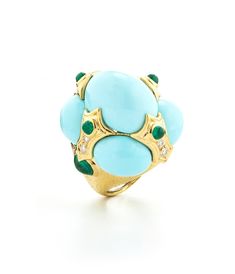 Cabochon turquoise and emeralds, brilliant-cut diamonds, 18K gold, and platinum. Emerald Cocktail Ring, Emerald Cocktail, Van Cleef & Arpels, Luxurious Jewelry, Heritage Jewellery, David Webb, Historical Jewellery, Ring Turquoise, Turquoise Rings