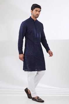 Midnight blue kurta with tonal thread embroidery in floral jaal pattern. Paired with a white cotton silk pant. - Aza Fashions Silk Pant, Blue Kurta, Thread Embroidery, Silk Pants, Pant Set, Cotton Silk, Aza Fashion, Midnight Blue, White Cotton