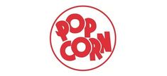 the logo for pop corn is shown in red on a white background with an oval