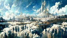 an artistic painting of a futuristic city surrounded by clouds