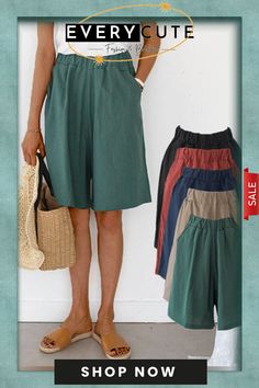 Women's Solid Color Simple Loose Casual Shorts Casual Non-stretch Knee-length Shorts, Casual Knee-length Beach Pants, Knee-length Beach Bottoms With Pockets, Casual Green Wide Leg Shorts, Casual Knee-length Beach Bottoms, Knee-length Bottoms For Beach, Knee-length Beach Pants For Spring, Casual Green Knee-length Bottoms, Knee-length Pants For Beach Spring Season