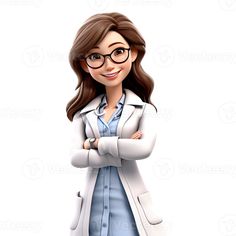 a woman in a lab coat and glasses standing with her arms crossed