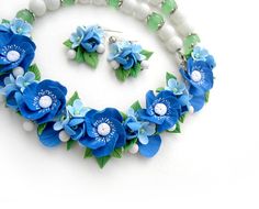 #Antonina_Lobchuk #morecolors_Etsy #floral_necklace #polymer_clay_flowers #blue_flowers_necklace Handmade Flower Blue Jewelry As Gift, Blue Handmade Flower Jewelry For Gifts, Blue Handmade Flower Jewelry As Gift, Handmade Blue Flower Jewelry For Gifts, Turquoise Polymer Clay Jewelry Gift, White Beads Necklace, Feminine Necklace, White Beaded Necklaces, Flowers Jewelry