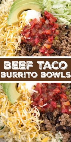 beef taco burrito bowls with shredded cheese and avocado