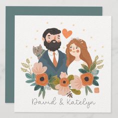 a wedding card with an illustration of a bride and groom surrounded by flowers, leaves and hearts