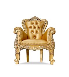 a golden chair with an ornate design on it's back and arms, sitting in front of a white background